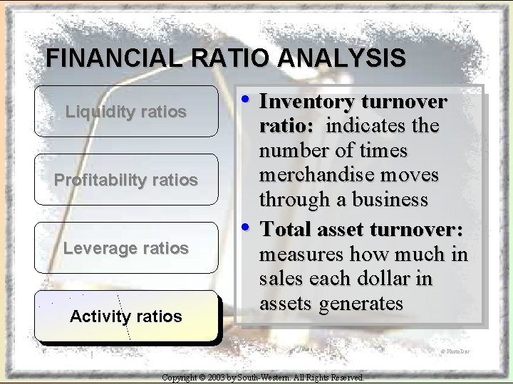 FINANCIAL RATIO ANALYSIS Liquidity ratios • Inventory turnover Profitability ratios Leverage ratios Activity ratios