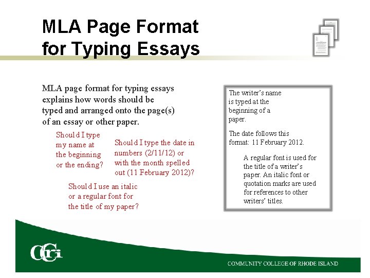 MLA Page Format for Typing Essays MLA page format for typing essays explains how