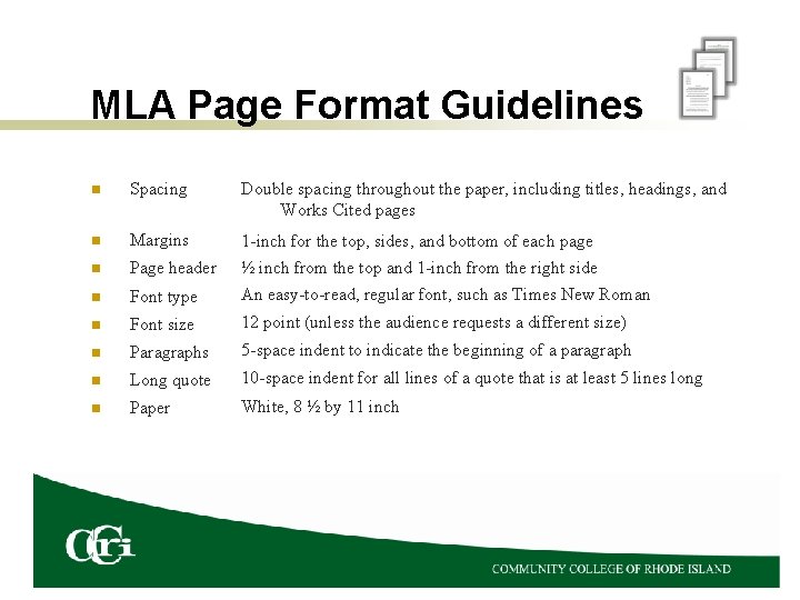 MLA Page Format Guidelines n Spacing Double spacing throughout the paper, including titles, headings,