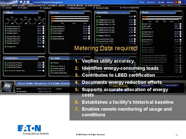 Metering Data required 1. 2. 3. 4. 5. Verifies utility accuracy Identifies energy-consuming loads Metering Data required 1. 2. 3. 4. 5. Verifies utility accuracy Identifies energy-consuming loads