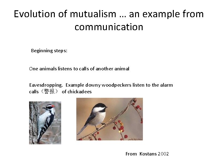 Evolution of mutualism … an example from communication Beginning steps: One animals listens to