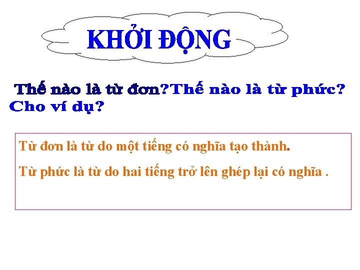Từ đơn là từ do một tiếng có nghĩa tạo thành. Từ phức là