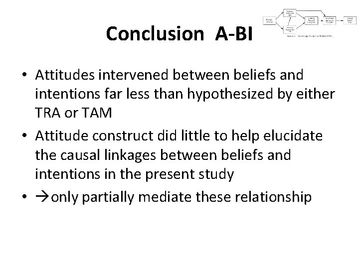 Conclusion A-BI • Attitudes intervened between beliefs and intentions far less than hypothesized by