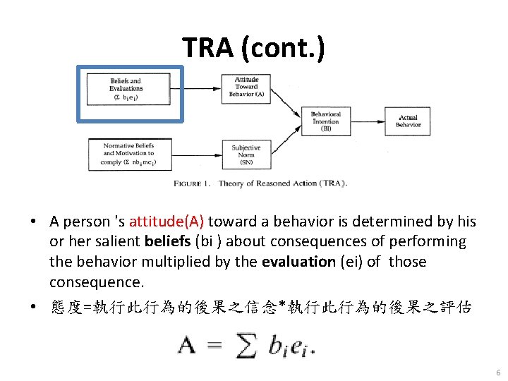 TRA (cont. ) • A person 's attitude(A) toward a behavior is determined by