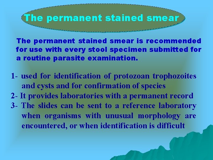 The permanent stained smear is recommended for use with every stool specimen submitted for