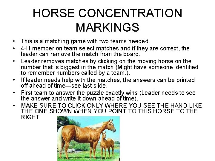 HORSE CONCENTRATION MARKINGS • This is a matching game with two teams needed. •