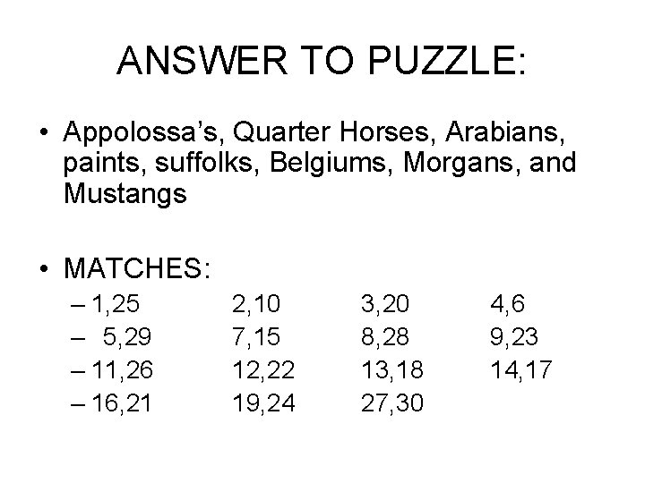 ANSWER TO PUZZLE: • Appolossa’s, Quarter Horses, Arabians, paints, suffolks, Belgiums, Morgans, and Mustangs