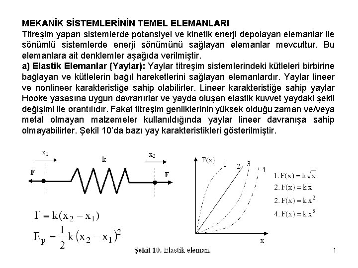 MEKANİK SİSTEMLERİNİN TEMEL ELEMANLARI Titreşim yapan sistemlerde potansiyel ve kinetik enerji depolayan elemanlar ile