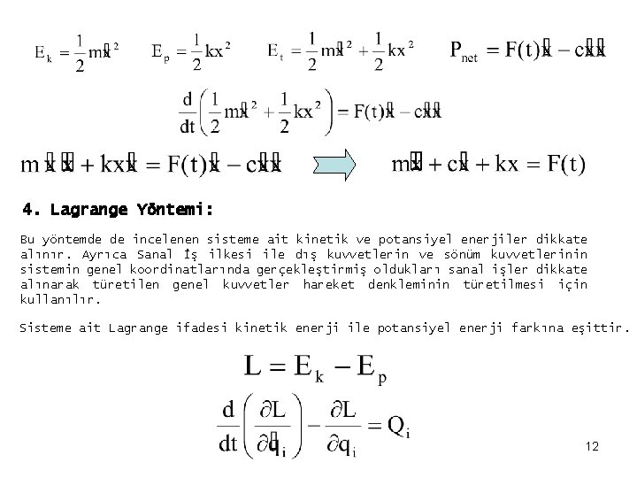 4. Lagrange Yöntemi: Bu yöntemde de incelenen sisteme ait kinetik ve potansiyel enerjiler dikkate