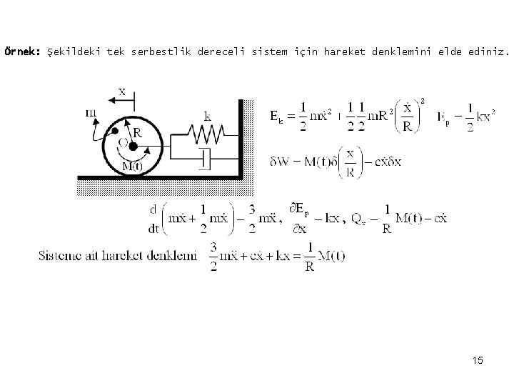 Örnek: Şekildeki tek serbestlik dereceli sistem için hareket denklemini elde ediniz. 15 