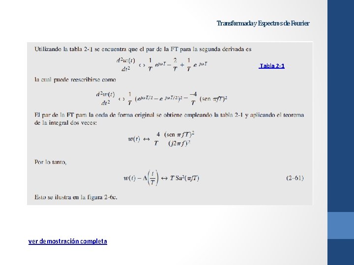 Transformada y Espectros de Fourier Tabla 2 -1 ver demostración completa 
