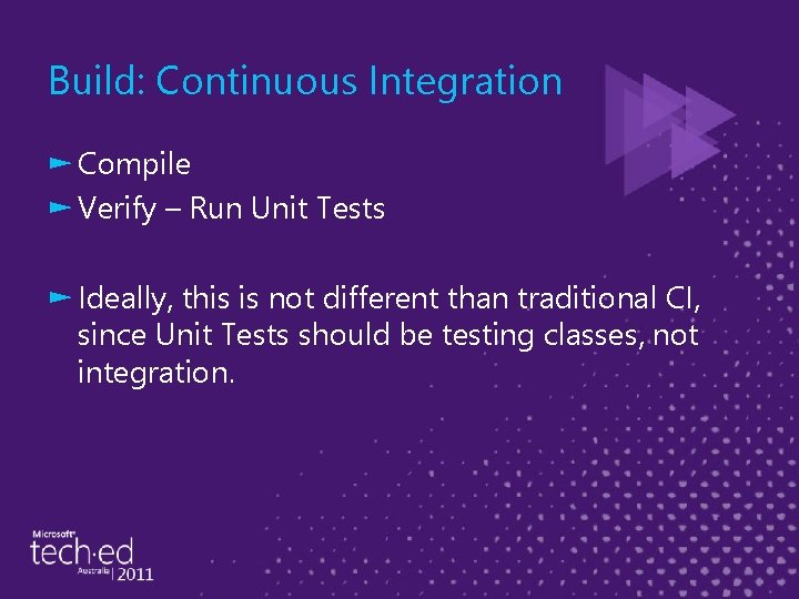 Build: Continuous Integration ► Compile ► Verify – Run Unit Tests ► Ideally, this