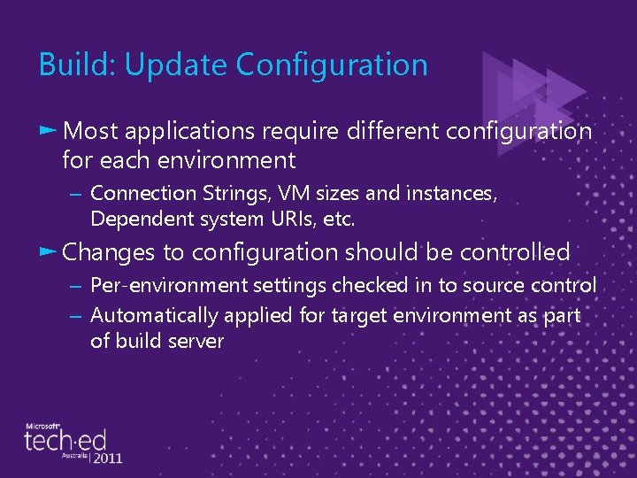 Build: Update Configuration ► Most applications require different configuration for each environment – Connection