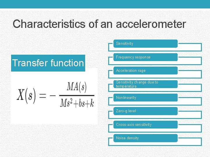 Characteristics of an accelerometer Sensitivity Transfer function Frequency response Acceleration rage Sensitivity change due