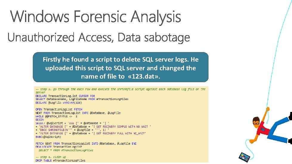 Firstly he found a script to delete SQL server logs. He uploaded this script Firstly he found a script to delete SQL server logs. He uploaded this script