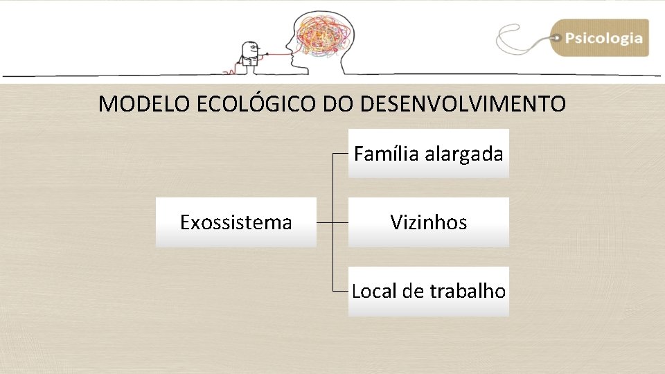 MODELO ECOLÓGICO DO DESENVOLVIMENTO Família alargada Exossistema Vizinhos Local de trabalho MODELO ECOLÓGICO DO DESENVOLVIMENTO Família alargada Exossistema Vizinhos Local de trabalho