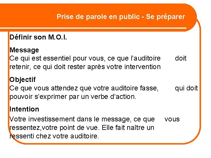 Prise de parole en public - Se préparer Définir son M. O. I. Message