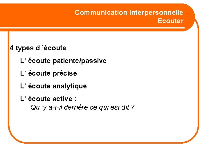 Communication interpersonnelle Ecouter 4 types d ’écoute L’ écoute patiente/passive L’ écoute précise L’