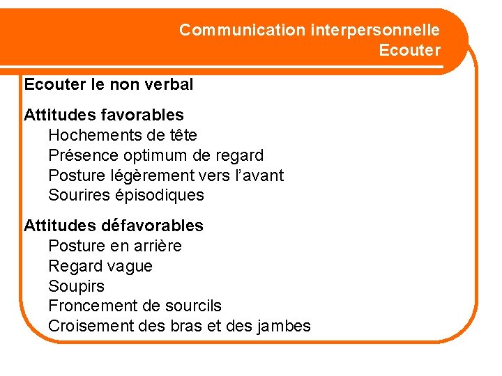 Communication interpersonnelle Ecouter le non verbal Attitudes favorables Hochements de tête Présence optimum de