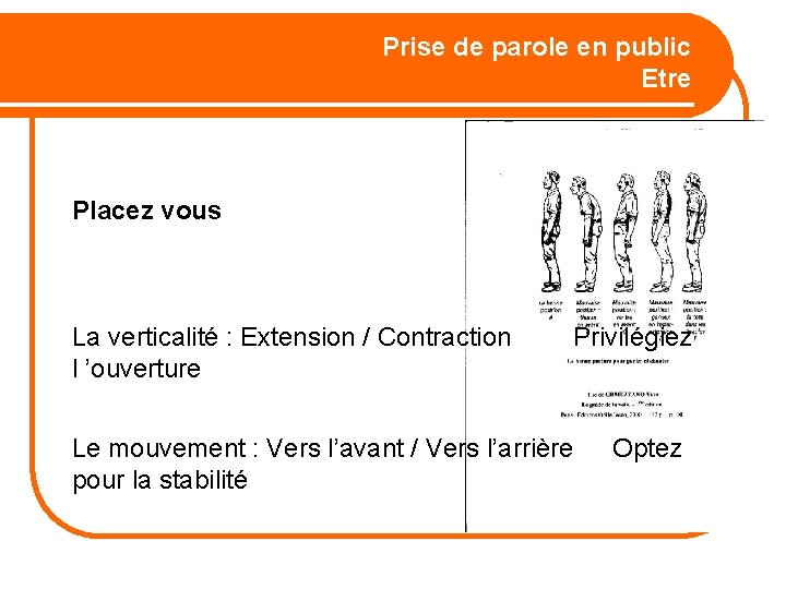 Prise de parole en public Etre Placez vous La verticalité : Extension / Contraction