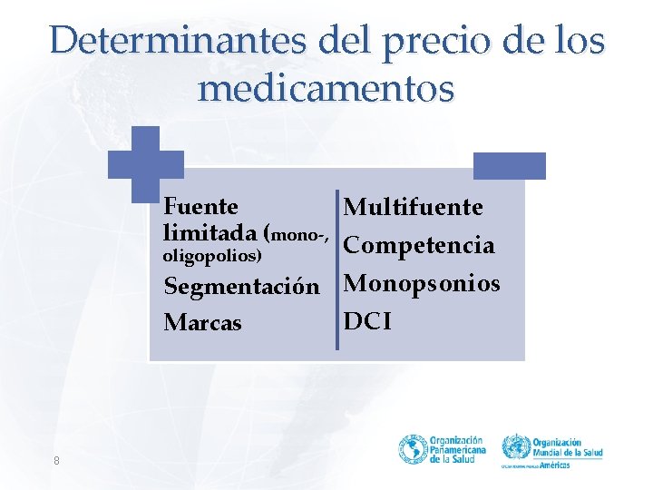 Determinantes del precio de los medicamentos Fuente Multifuente limitada (mono-, Competencia oligopolios) Segmentación Monopsonios