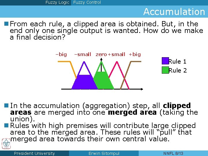 Fuzzy Logic Fuzzy Control Accumulation n From each rule, a clipped area is obtained.