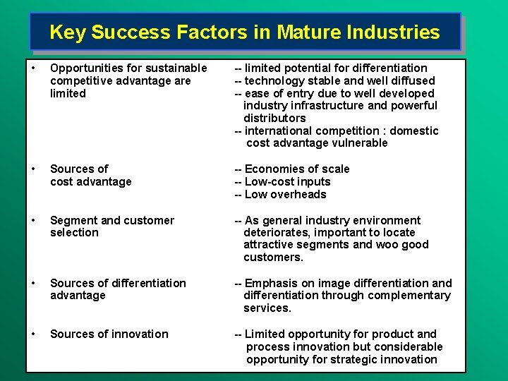 Key Success Factors in Mature Industries • Opportunities for sustainable competitive advantage are limited