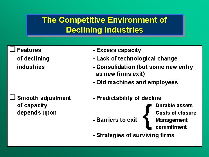The Competitive Environment of Declining Industries q Features of declining industries q Smooth adjustment
