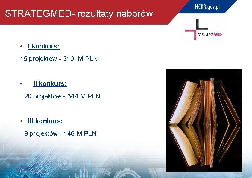 STRATEGMED- rezultaty naborów • I konkurs: 15 projektów - 310 M PLN • II