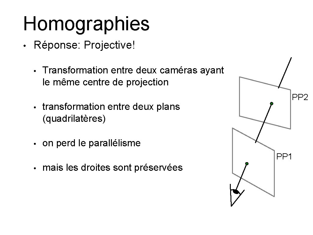 Homographies • Réponse: Projective! • Transformation entre deux caméras ayant le même centre de