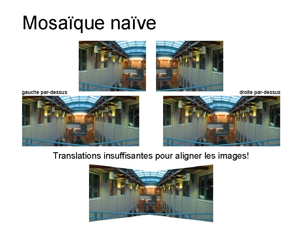 Mosaïque naïve gauche par-dessus droite par-dessus Translations insuffisantes pour aligner les images! 