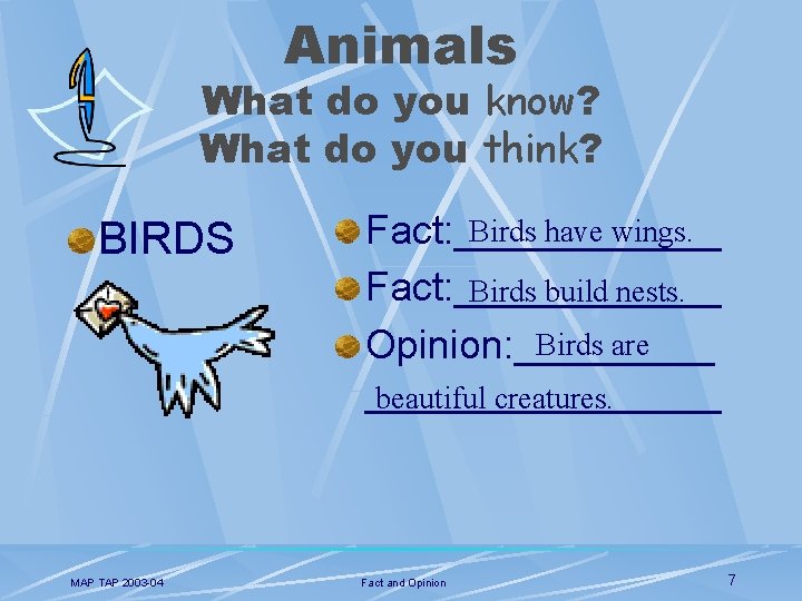 Animals What do you know? What do you think? BIRDS MAP TAP 2003 -04
