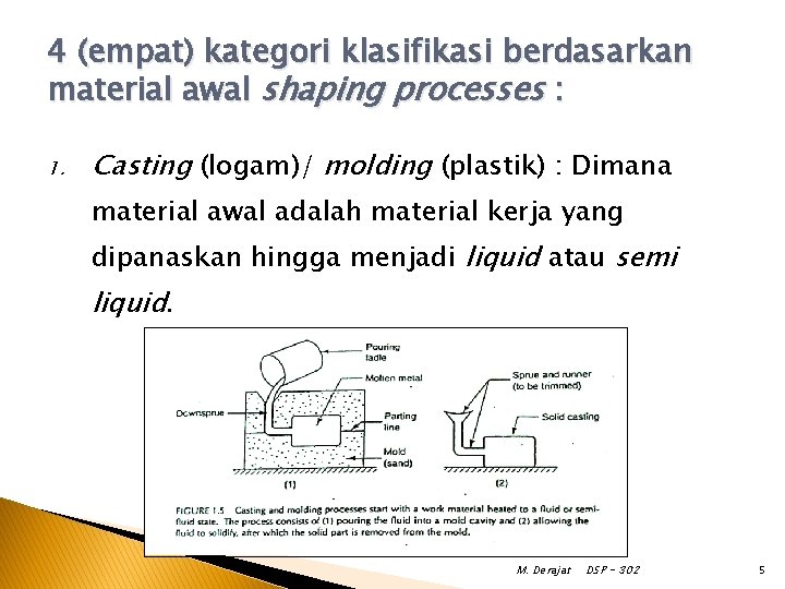 4 (empat) kategori klasifikasi berdasarkan material awal shaping processes : 1. Casting (logam)/ molding 4 (empat) kategori klasifikasi berdasarkan material awal shaping processes : 1. Casting (logam)/ molding