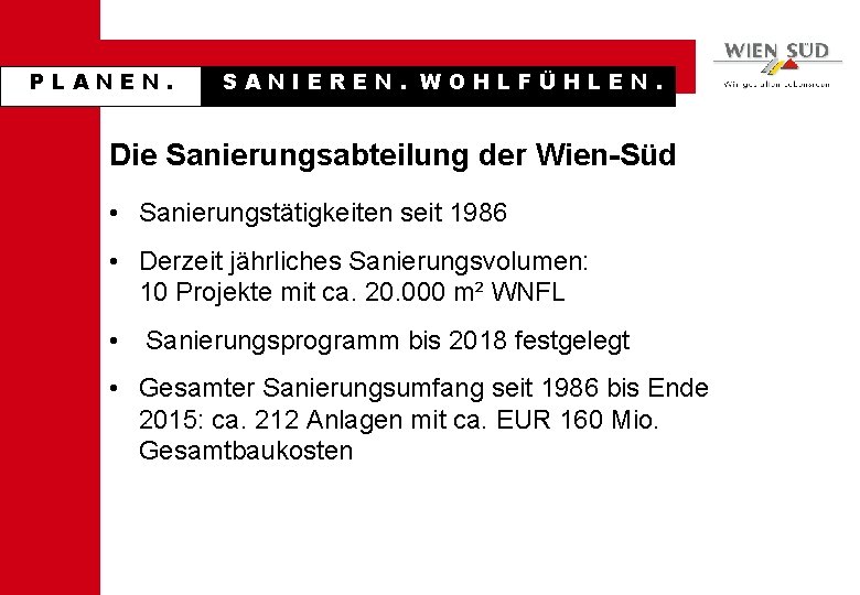 PLANEN. SANIEREN. WOHLFÜHLEN. Die Sanierungsabteilung der Wien-Süd • Sanierungstätigkeiten seit 1986 • Derzeit jährliches