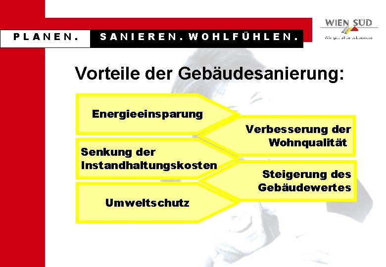 PLANEN. SANIEREN. WOHLFÜHLEN. Vorteile der Gebäudesanierung: Energieeinsparung Senkung der Instandhaltungskosten Umweltschutz Verbesserung der Wohnqualität