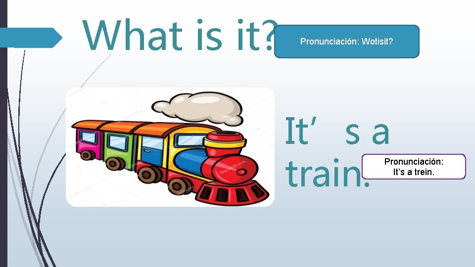 What is it? Pronunciación: Wotisit? It’s a train. Pronunciación: It’s a trein. 