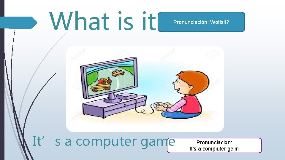 What is it? Pronunciación: Wotisit? It’s a computer game Pronunciacion: It’s a compiuter geim