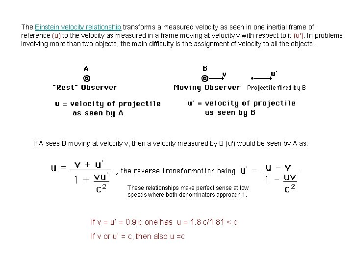 The Einstein velocity relationship transforms a measured velocity as seen in one inertial frame