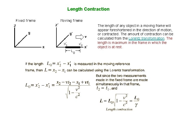 Length Contraction The length of any object in a moving frame will appear foreshortened