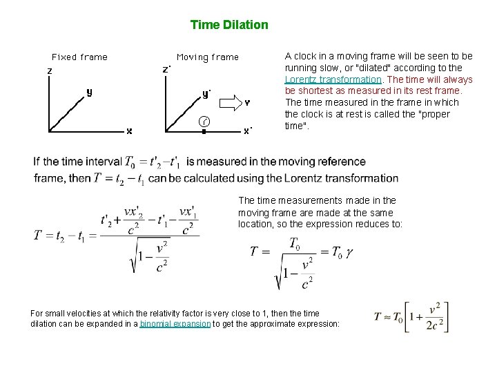 Time Dilation A clock in a moving frame will be seen to be running