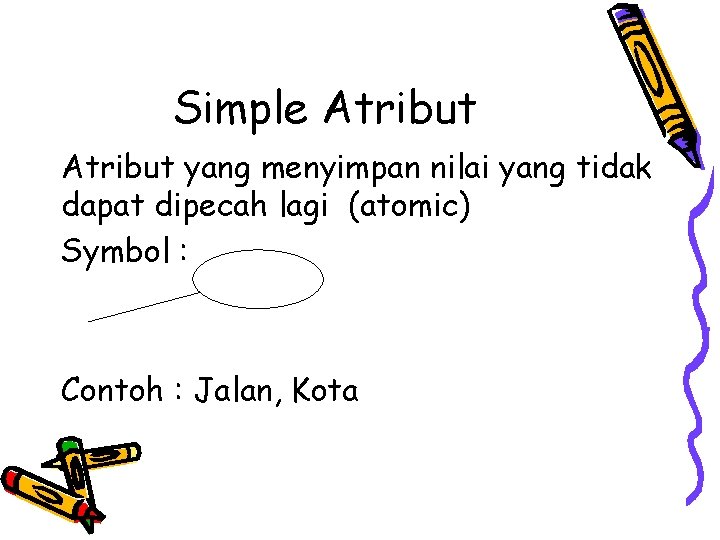Simple Atribut yang menyimpan nilai yang tidak dapat dipecah lagi (atomic) Symbol : Contoh Simple Atribut yang menyimpan nilai yang tidak dapat dipecah lagi (atomic) Symbol : Contoh
