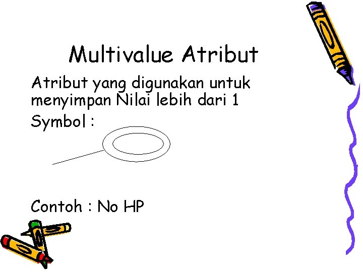 Multivalue Atribut yang digunakan untuk menyimpan Nilai lebih dari 1 Symbol : Contoh : Multivalue Atribut yang digunakan untuk menyimpan Nilai lebih dari 1 Symbol : Contoh :