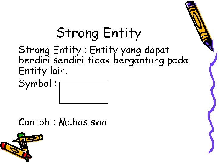 Strong Entity : Entity yang dapat berdiri sendiri tidak bergantung pada Entity lain. Symbol Strong Entity : Entity yang dapat berdiri sendiri tidak bergantung pada Entity lain. Symbol