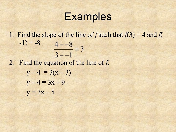 Examples 1. Find the slope of the line of f such that f(3) =