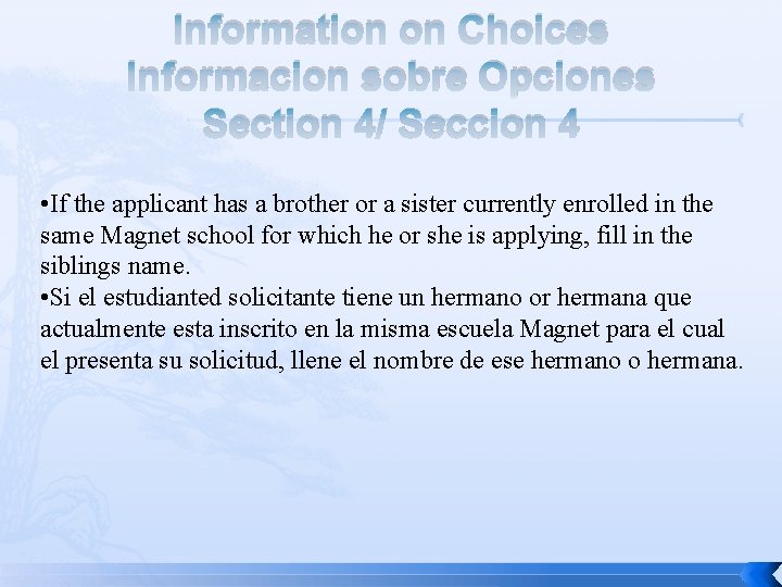 Information on Choices Informacion sobre Opciones Section 4/ Seccion 4 • If the applicant