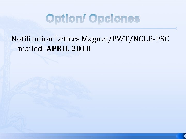 Option/ Opciones Notification Letters Magnet/PWT/NCLB-PSC mailed: APRIL 2010 