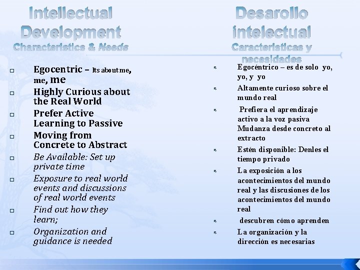 Intellectual Development Desarollo intelectual Characteristics & Needs Caracteristicas y necesidades � � � �