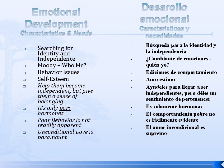 Desarollo emocional Emotional Development Caracteristicas y necedidades Characteristics & Needs � � � �