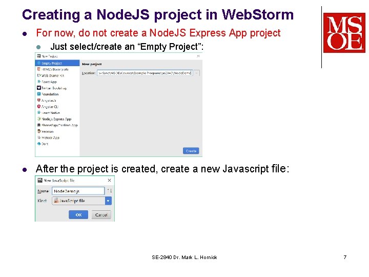 Creating a Node. JS project in Web. Storm l For now, do not create