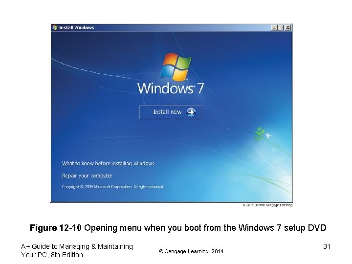 Figure 12 -10 Opening menu when you boot from the Windows 7 setup DVD